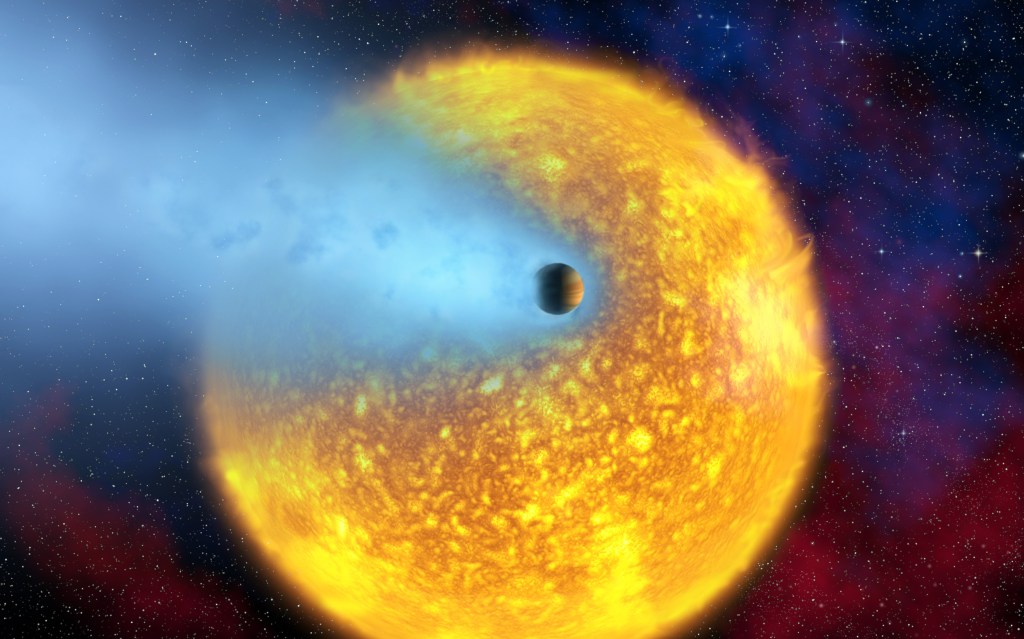 Artist's impression of a planet orbiting a star, with its atmosphere being evaporated. You can see the blue atmosphere disappearing into space like a giant comet's tail.