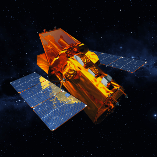 artists impression of the NASA swift space telescope, which looks like Hubble but gold and shorter.